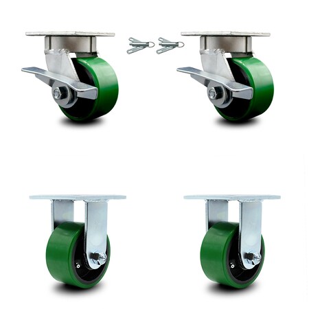 Service Caster 4 Inch Kingpinless Green Poly on Steel Caster Brake & Swivel Lock 2 Rigid, 2PK SCC-KP30S420-PUR-GB-SLB-BSL-2-R-2